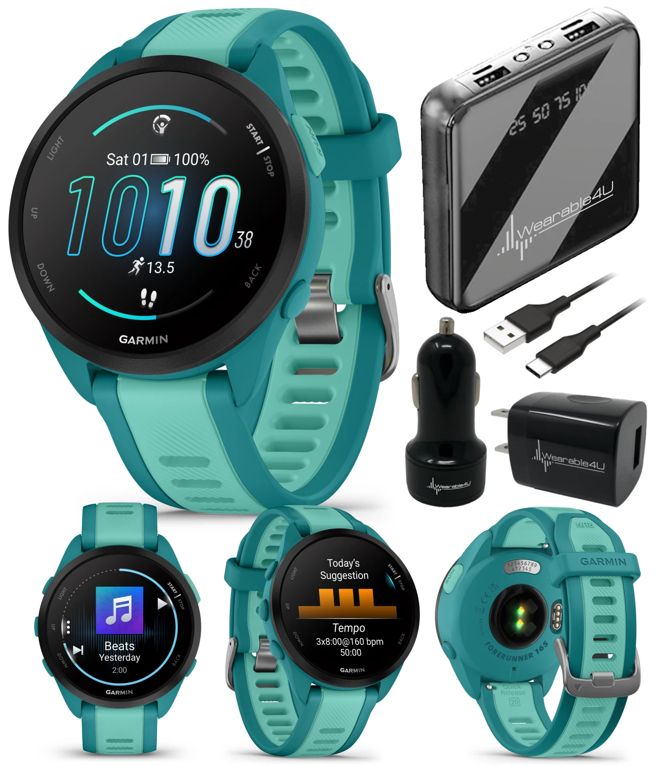 Garmin Forerunner 165 Music Running Smartwatch, Colorful AMOLED Touchscreen, Turquoise/Aqua w/ Wearable4U PowerPack and Adapters Bundle