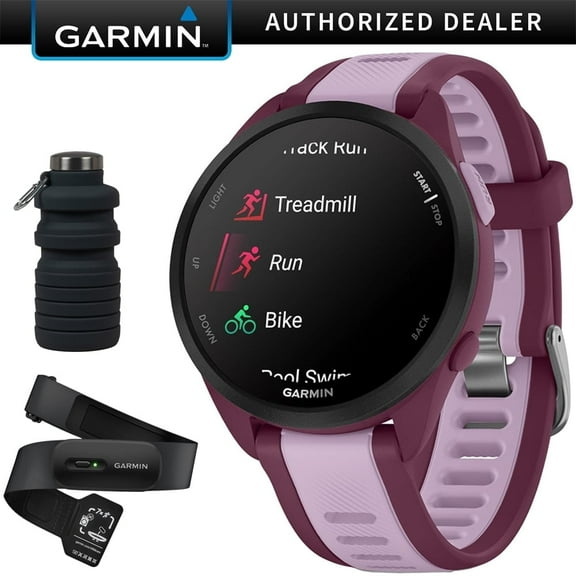 Garmin Forerunner 165 Music Smart Sport Watch, Berry + Lilac with HRM 200 Heart Rate Monitor Strap (M-XL) Bundle with Deco Essentials Collapsable Water Bottle