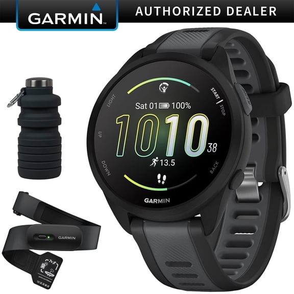 Garmin Forerunner 165 Smart Sport Watch, Black + Slate Gray with HRM 200 Heart Rate Monitor Strap (XS-S) Bundle with Deco Essentials Collapsable Water Bottle