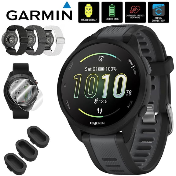 Garmin Forerunner 165 Smart Sport Watch, Black + Slate Gray 010-02863-20 Bundle with Deco Essentials 3x Nylon Elastic Bands, 3x Silicone Dust Cover and 2x Screen Protector