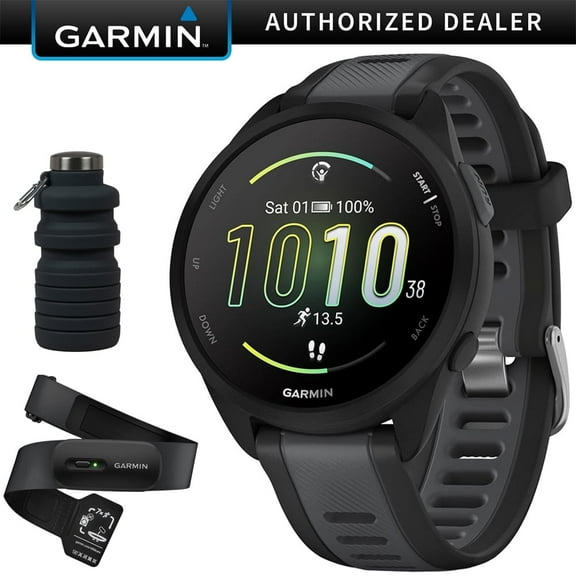 Garmin Forerunner 165 Smart Sport Watch, Black + Slate Gray with HRM 200 Heart Rate Monitor Strap (M-XL) Bundle with Deco Essentials Collapsable Water Bottle