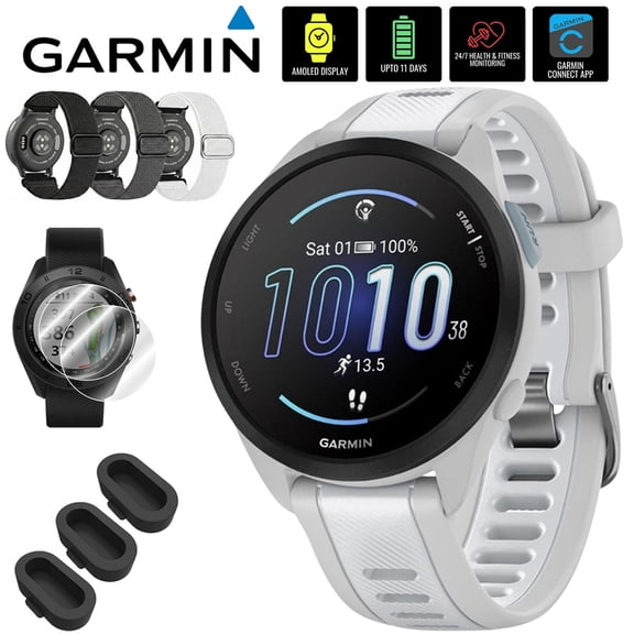 Garmin Forerunner 165 Smart Sport Watch, Mist Gray + Whitestone 010-02863-21 Bundle with Deco Essentials 3x Nylon Elastic Bands, 3x Silicone Dust Cover and 2x Screen Protector