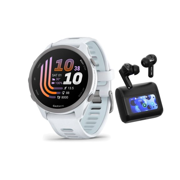 Garmin Forerunner 170 AMOLED GPS Running Smartwatch (Whitestone/Blue) Bundle with T710 Earbuds (2 Items)