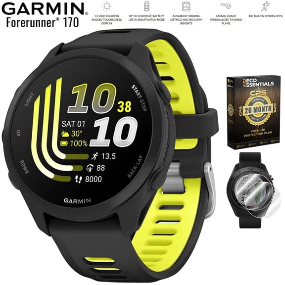 Garmin Forerunner 170 Black/Amp Yellow 010-03920-00 Bundle with Deco Essentials Exclusive 26 Month CPS Enhanced Protection Pack and Deco Essentials 2-Pack Screen Protector