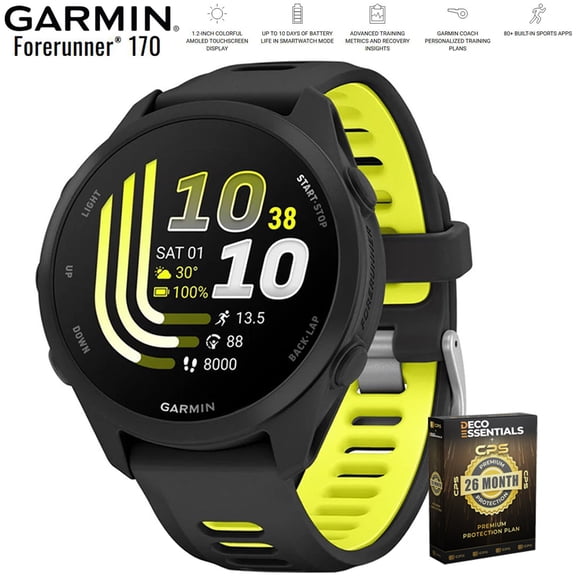 Garmin Forerunner 170 Black/Amp Yellow 010-03920-00 Bundle with Deco Essentials Exclusive 26 Month CPS Enhanced Protection Pack