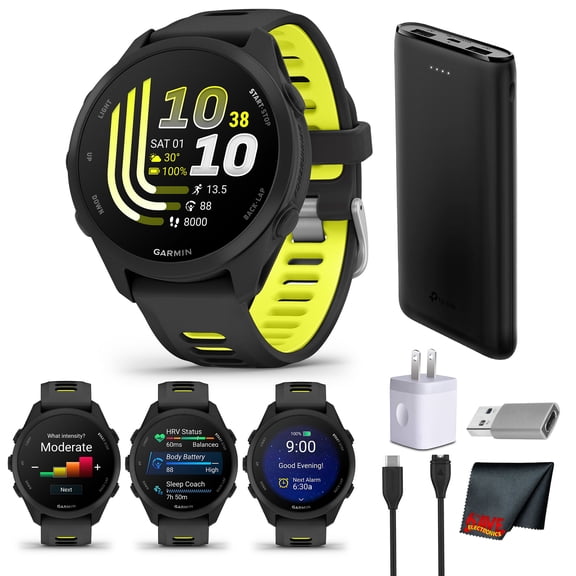 Garmin Forerunner 170 GPS Running Smartwatch | 1.2" AMOLED Display, Heart Rate Monitor, Activity Tracking | Black/Amp Yellow Bundle