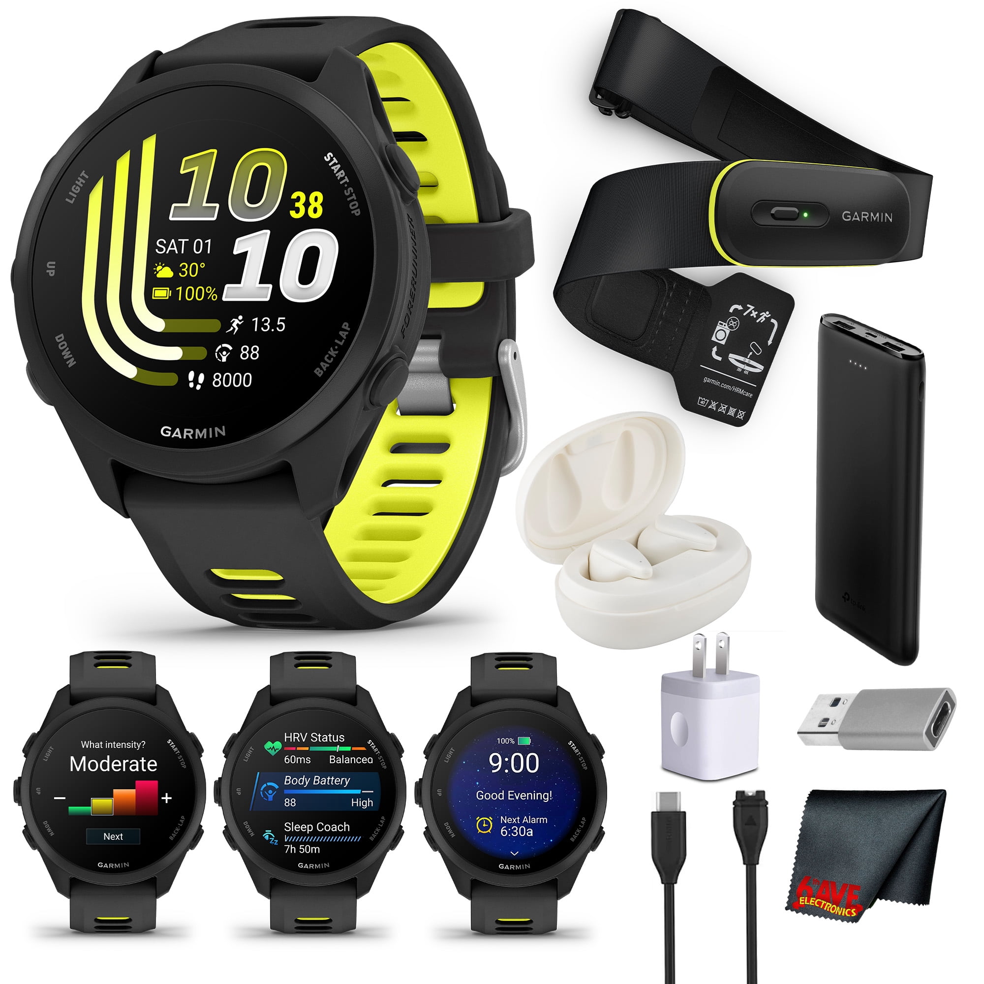 Garmin Forerunner 170 GPS Running Smartwatch | 1.2" AMOLED Display, Heart Rate Monitor, Activity Tracking | Black/Amp Yellow Bundle