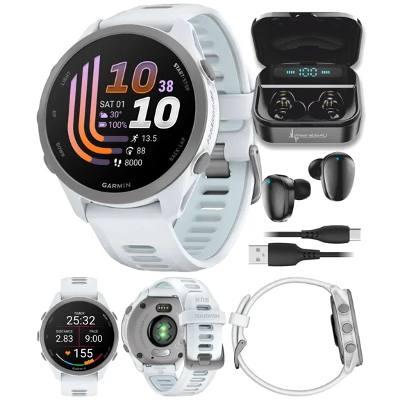 Garmin Forerunner 170 GPS Running Smartwatch, Advanced Training Metrics & Recovery Insights, Whitestone with Whitestone/Cloud Blue Band with Wearable4U BLK EarBuds Bundle