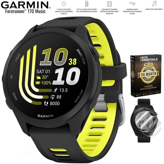 Garmin Forerunner 170 Music Black/Amp Yellow 010-03920-10 Bundle with Deco Essentials Exclusive 26 Month CPS Enhanced Protection Pack and Deco Essentials 2-Pack Screen Protector