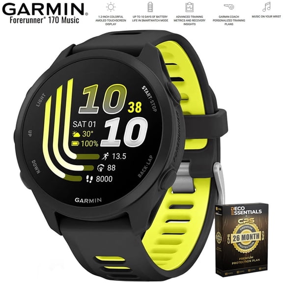 Garmin Forerunner 170 Music Black/Amp Yellow 010-03920-10 Bundle with Deco Essentials Exclusive 26 Month CPS Enhanced Protection Pack