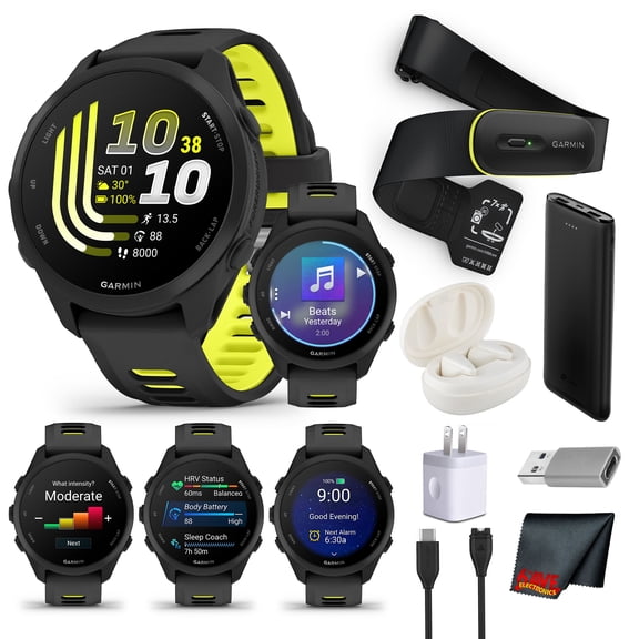 Garmin Forerunner 170 Music GPS Running Smartwatch | 1.2" AMOLED, Music Storage, Heart Rate Monitor | Black/Amp Yellow Bundle
