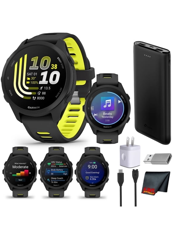 Forerunner 170 Music GPS Running Smartwatch | 1.2" AMOLED, Music Storage, Heart Rate Monitor | Black/Amp Yellow Bundle