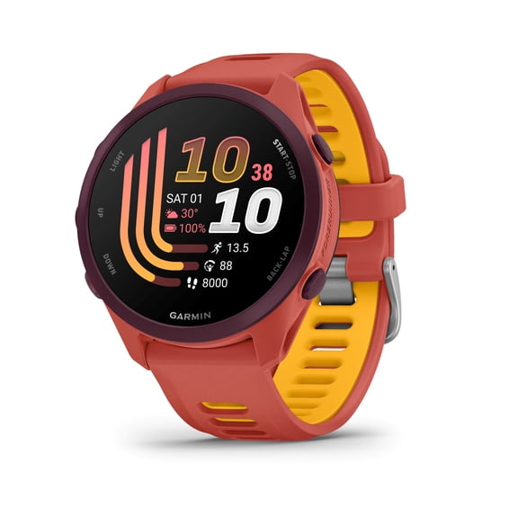Garmin Forerunner® 170 Music, GPS Running Smartwatch, Advanced Training Metrics and Recovery Insights Plus Music Storage, Red Pink with Red Pink/Mango Band