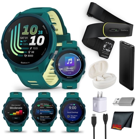 Garmin Forerunner 170 Music GPS Running Smartwatch | Green/Lavender | Heart Rate Monitor, Wireless Music Streaming, Activity Tracking Bundle