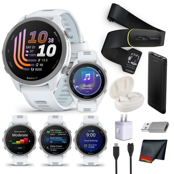 Garmin Forerunner 170 Music GPS Running Smartwatch | White/Cloud Blue | Heart Rate Monitor, Wireless Music Streaming, Activity Tracking Bundle