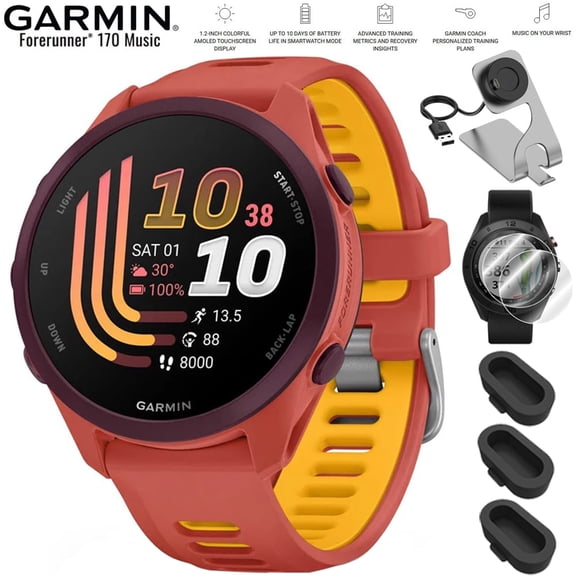 Garmin Forerunner 170 Music Red Pink/Mango 010-03920-13 Bundle with Deco Essentials Charging Dock, 2-Pack Screen Protector and Silicone Dust Cover for Garmin Watch 3 Pack