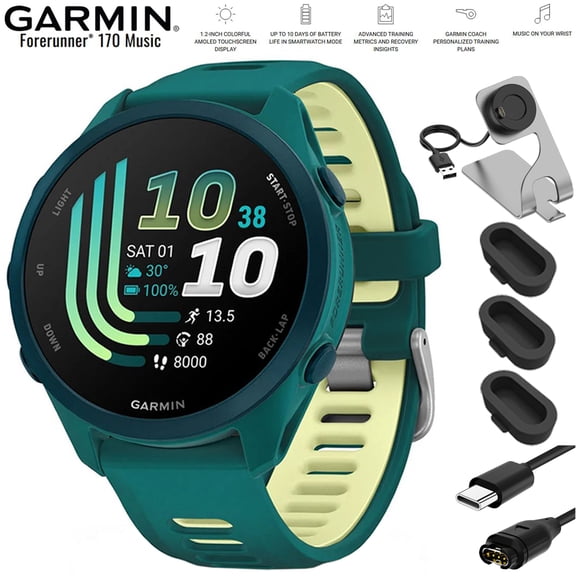 Garmin Forerunner 170 Music Teal Green/Citron 010-03920-12 Bundle with Deco Essentials Charging Dock, Silicone Dust Cover for Garmin Watch 3 Pack and USB Type C Charging and Sync Cable