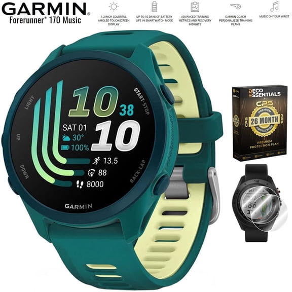 Garmin Forerunner 170 Music Teal Green/Citron 010-03920-12 Bundle with Deco Essentials Exclusive 26 Month CPS Enhanced Protection Pack and Deco Essentials 2-Pack Screen Protector