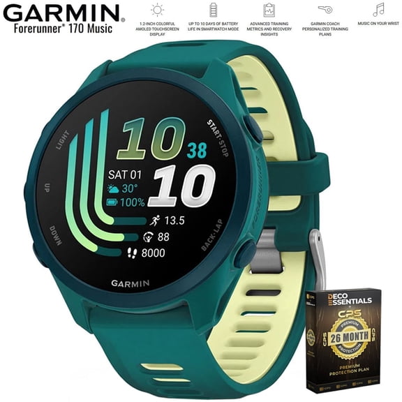 Garmin Forerunner 170 Music Teal Green/Citron 010-03920-12 Bundle with Deco Essentials Exclusive 26 Month CPS Enhanced Protection Pack