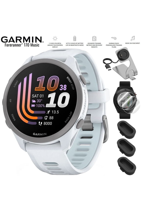 Forerunner 170 Music Whitestone/Cloud Blue 010-03920-11 Bundle with Deco Essentials Charging Dock, 2-Pack Screen Protector and Silicone Dust Cover for Garmin Watch 3 Pack