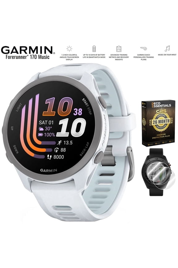 Forerunner 170 Music Whitestone/Cloud Blue 010-03920-11 Bundle with Deco Essentials Exclusive 26 Month CPS Enhanced Protection Pack and Deco Essentials 2-Pack Screen Protector