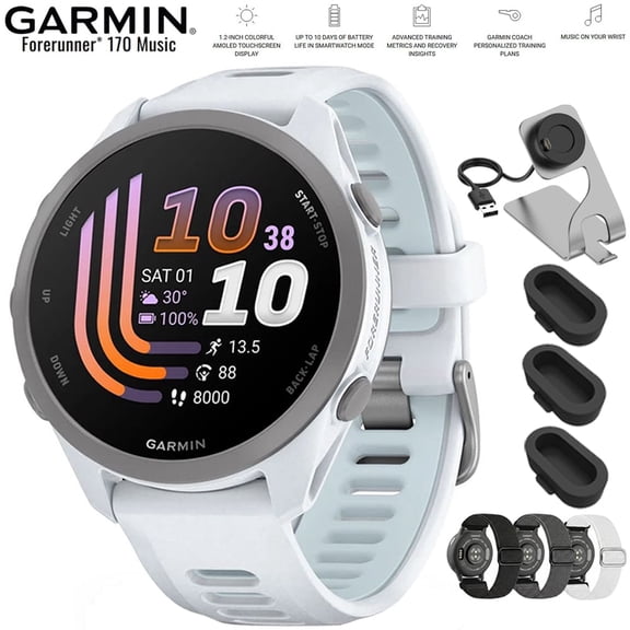 Garmin Forerunner 170 Music Whitestone/Cloud Blue 010-03920-11 Bundle with Deco Essentials Nylon Elastic Bands 3 Pack, Deco Essentials Charging Dock and Silicone Dust Cover for Garmin Watch 3 Pack