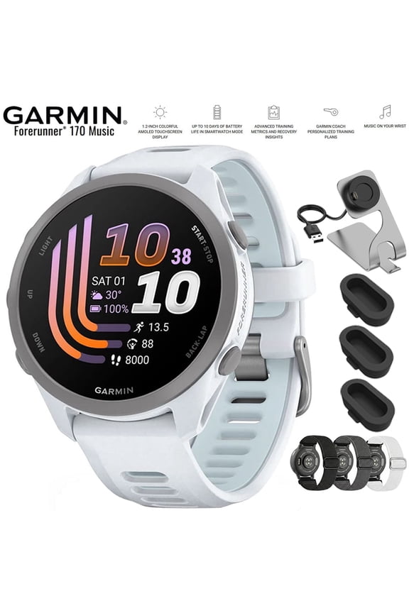 Forerunner 170 Music Whitestone/Cloud Blue 010-03920-11 Bundle with Deco Essentials Nylon Elastic Bands 3 Pack, Deco Essentials Charging Dock and Silicone Dust Cover for Garmin Watch 3 Pack