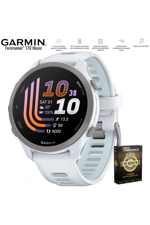 Forerunner 170 Music Whitestone/Cloud Blue 010-03920-11 Bundle with Deco Essentials Exclusive 26 Month CPS Enhanced Protection Pack