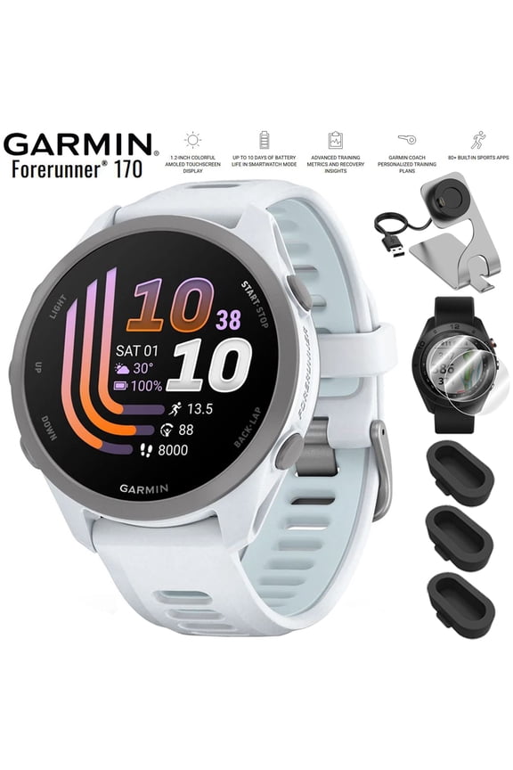 Forerunner 170 Whitestone/Cloud Blue 010-03920-01 Bundle with Deco Essentials Charging Dock, 2-Pack Screen Protector and Silicone Dust Cover for Garmin Watch 3 Pack
