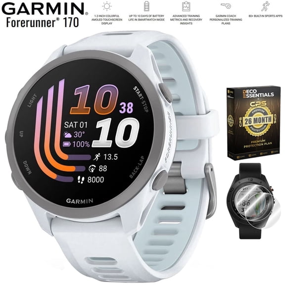 Garmin Forerunner 170 Whitestone/Cloud Blue 010-03920-01 Bundle with Deco Essentials Exclusive 26 Month CPS Enhanced Protection Pack and Deco Essentials 2-Pack Screen Protector
