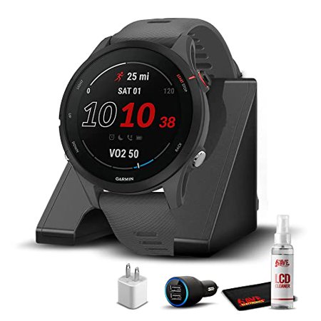 Garmin Forerunner 255, GPS Running Smartwatch, Advanced Insights, Long-Lasting Battery, Slate Gray with Charging Base, USB Car/Wall Adapters & 6Ave Cleaning Kit
