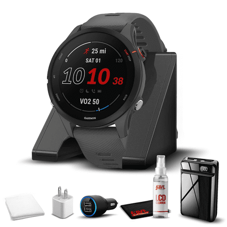 Garmin Forerunner 255, GPS Running Smartwatch, Advanced Insights, Long-Lasting Battery, Slate Gray with Charging Base, Workout Towel, 6Ave Travel & Cleaning Kit