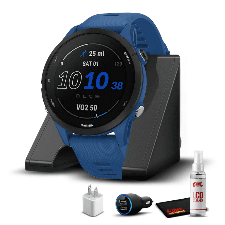 Garmin Forerunner 255, GPS Running Smartwatch, Advanced Insights,  Long-Lasting Battery, Tidal Blue with Charging Base, USB Car/Wall Adapters  & 6Ave Cleaning Kit 