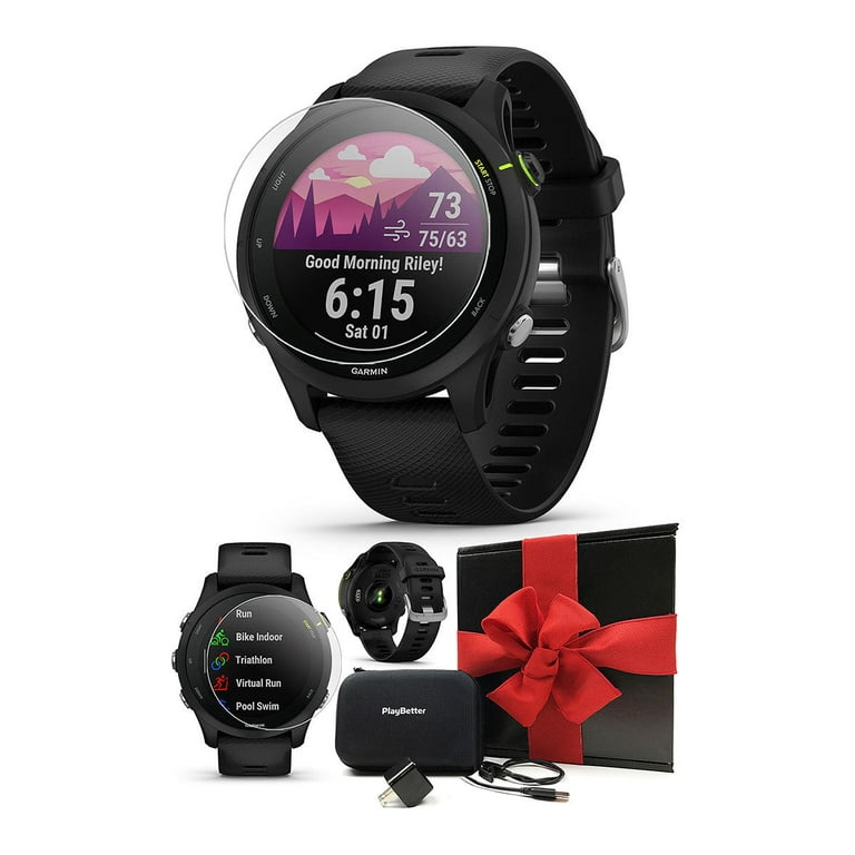 Garmin Forerunner 255 Music (Black) GPS Running Smartwatch  Gift Box  Bundle with HD Screen Protectors, Wall Adapter & Protective Case 