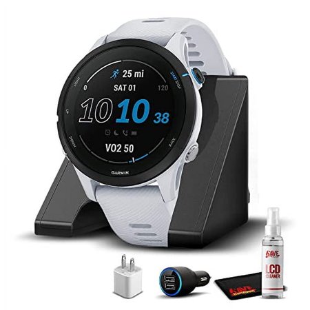 Garmin Forerunner 255 Music, GPS Running Smartwatch with Music, Advanced Insights, Long-Lasting Battery, Whitestone with Charging Base, USB Car/Wall Adapters & 6Ave Cleaning Kit