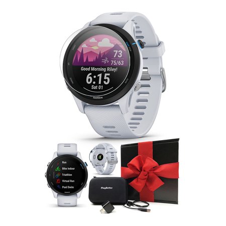 Garmin Forerunner 255 Music (Whitestone) GPS Running Smartwatch | Gift Box Bundle with PlayBetter Screen Protectors, Wall Adapter & Hard Case