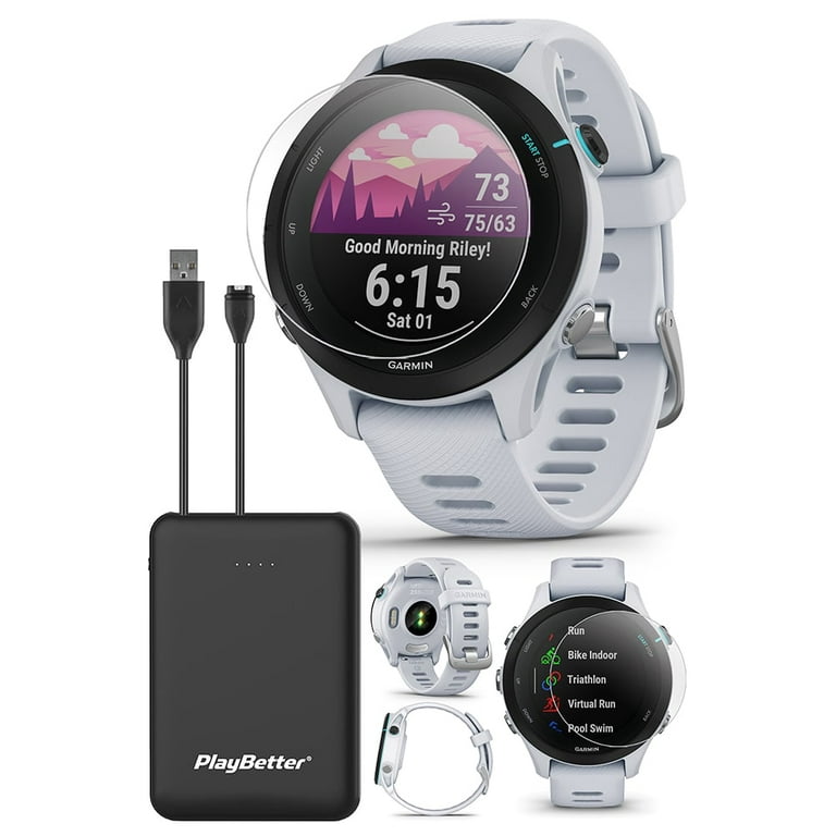 Garmin Forerunner 255 Music (Whitestone) GPS Running Smartwatch  Runner's  Bundle with PlayBetter HD Screen Protectors & Portable Charger 