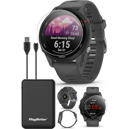 Garmin Forerunner 255 (Slate Gray) GPS Running Smartwatch | Runner’s Bundle with HD Screen Protectors & Portable Charger