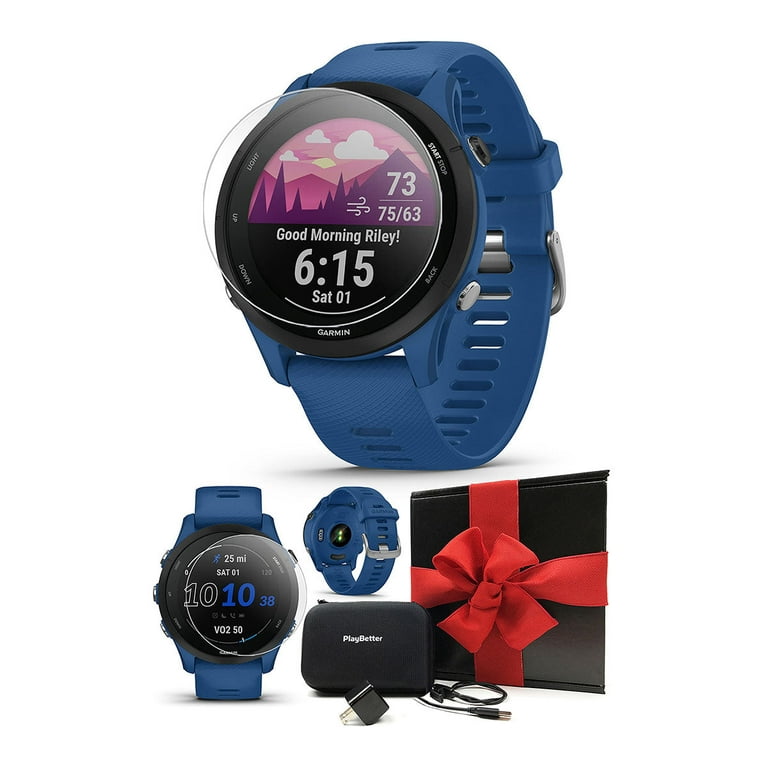 Garmin Forerunner 255 (Tidal Blue) GPS Running Smartwatch  Gift Box Bundle  with HD Screen Protectors, Wall Adapter & Protective Case 