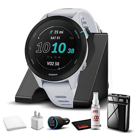 Garmin Forerunner 255S Music, Smaller GPS Running Smartwatch with Music, Advanced Insights, Long-Lasting Battery, Whitestone with Charging Base, Workout Towel, 6Ave Travel & Cleaning Kit