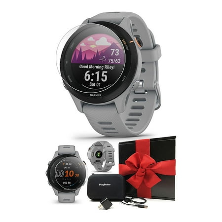 Garmin Forerunner 255S (Powder Gray) GPS Running Smartwatch | Gift Box Bundle with HD Screen Protectors, Wall Adapter & Case