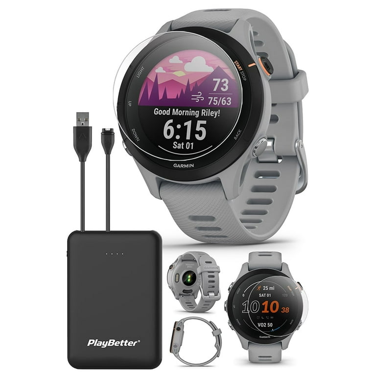 Garmin Forerunner 255S (Powder Gray) GPS Running Smartwatch  Runner's  Bundle PlayBetter with HD Screen Protectors & Portable Charger 