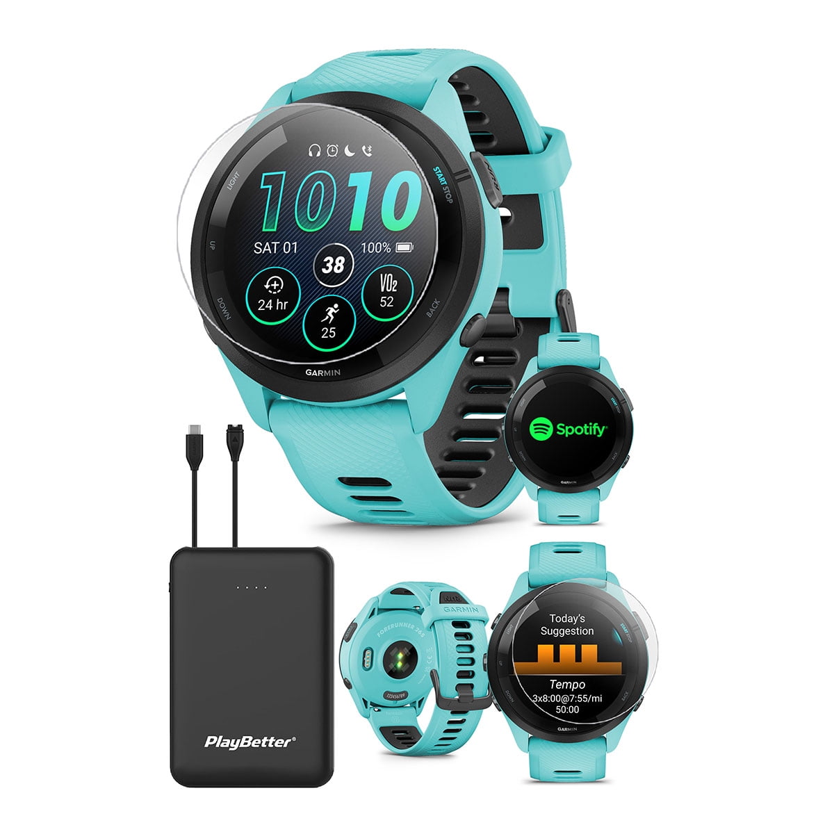 Garmin Forerunner 745 (Neo Tropic) GPS Running & Triathlon Smartwatch Power  Bundle  +PlayBetter Portable Charger & PlayBetter HD Screen Protector Film  (4-Pack) 