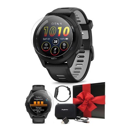 Garmin Forerunner 265 (Black/Powder Gray) Running GPS Smartwatch | Gift Bundle with HD Screen Protectors, Wall Adapter & Hard Case