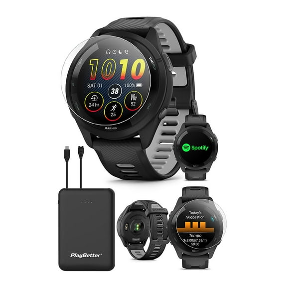 Garmin Forerunner 265 (Black/Powder Gray) Running GPS Smartwatch | Power Bundle with PlayBetter HD Screen Protectors & Portable Charger