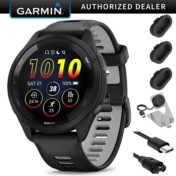 Garmin Forerunner 265 GPS Smartwatch - 46mm, Black/Powder Gray Bundle with Deco Essentials Charging Dock for Garmin Venu 3 + Silicone Dust Cover + USB Type C Charging and Sync Cable