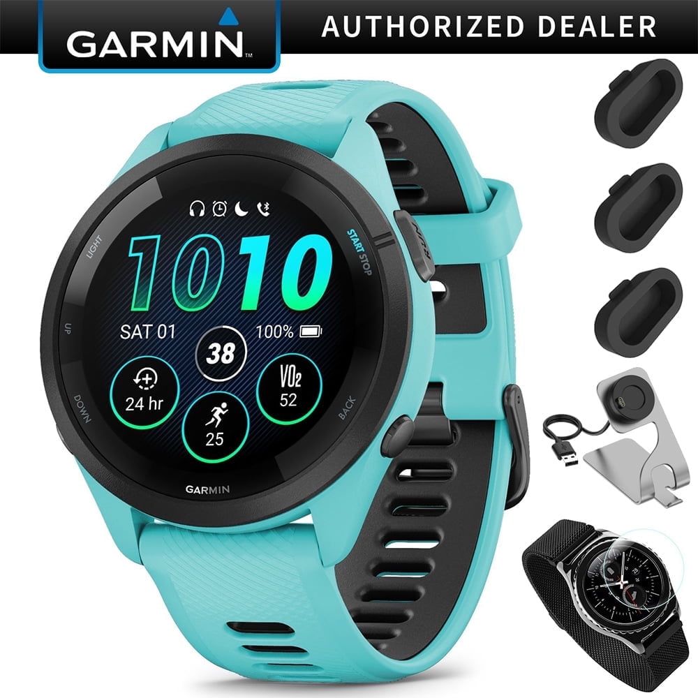 Garmin Forerunner 265 GPS Smartwatch, Aqua/Black Bundle with Deco Essentials Charging Dock for Garmin Venu 3 + Silicone Dust Cover + Round Tempered Glass Screen Protector