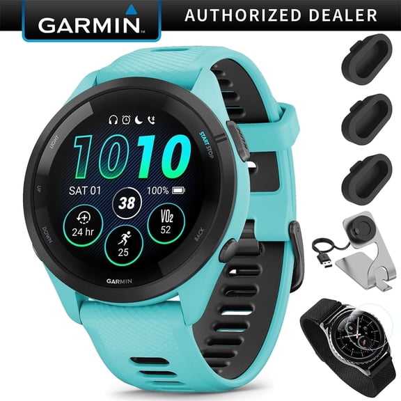 Garmin Forerunner 265 GPS Smartwatch, Aqua/Black Bundle with Deco Essentials Charging Dock for Garmin Venu 3 + Silicone Dust Cover + Round Tempered Glass Screen Protector