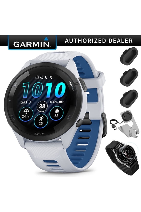 Forerunner 265 GPS Smartwatch, Whitestone/Tidal Blue Bundle with Deco Essentials Charging Dock for Garmin Venu 3 + Silicone Dust Cover + Round Tempered Glass Screen Protector
