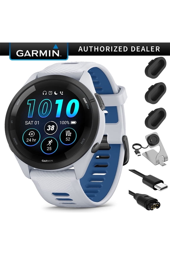 Forerunner 265 GPS Smartwatch, Whitestone/Tidal Blue Bundle with Deco Essentials Charging Dock for Garmin Venu 3 + Silicone Dust Cover + USB Type C Charging and Sync Cable